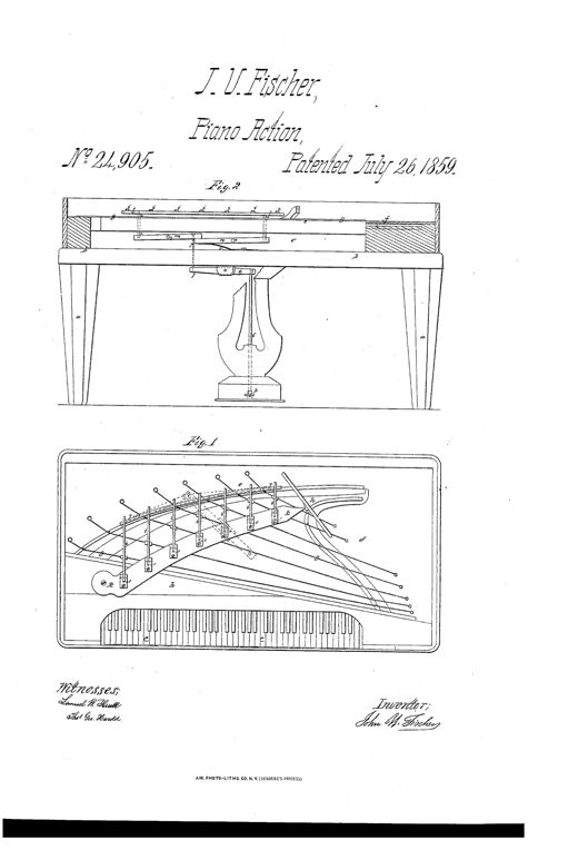 Patent drawing showing a piano case in cross-section elevation (Fig. 2) with legs, pedal rod, and lever mechanism beneath the rest plank, and a plan view (Fig. 1) of the piano's strings, dampers, and keyboard layout.
