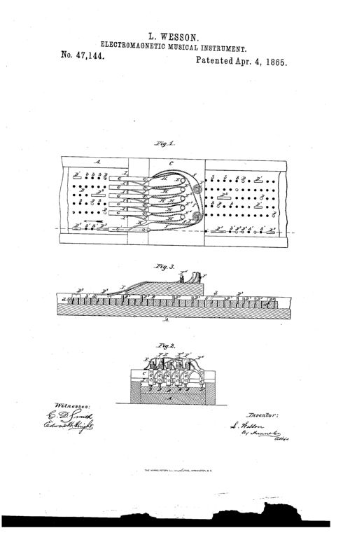 Patent drawing showing a rectangular music-board with rows of holes and movable type sliding beneath a keyboard of curved elastic levers connected by wires to electromagnets, with a side sectional view showing the type pins and lever mechanism.