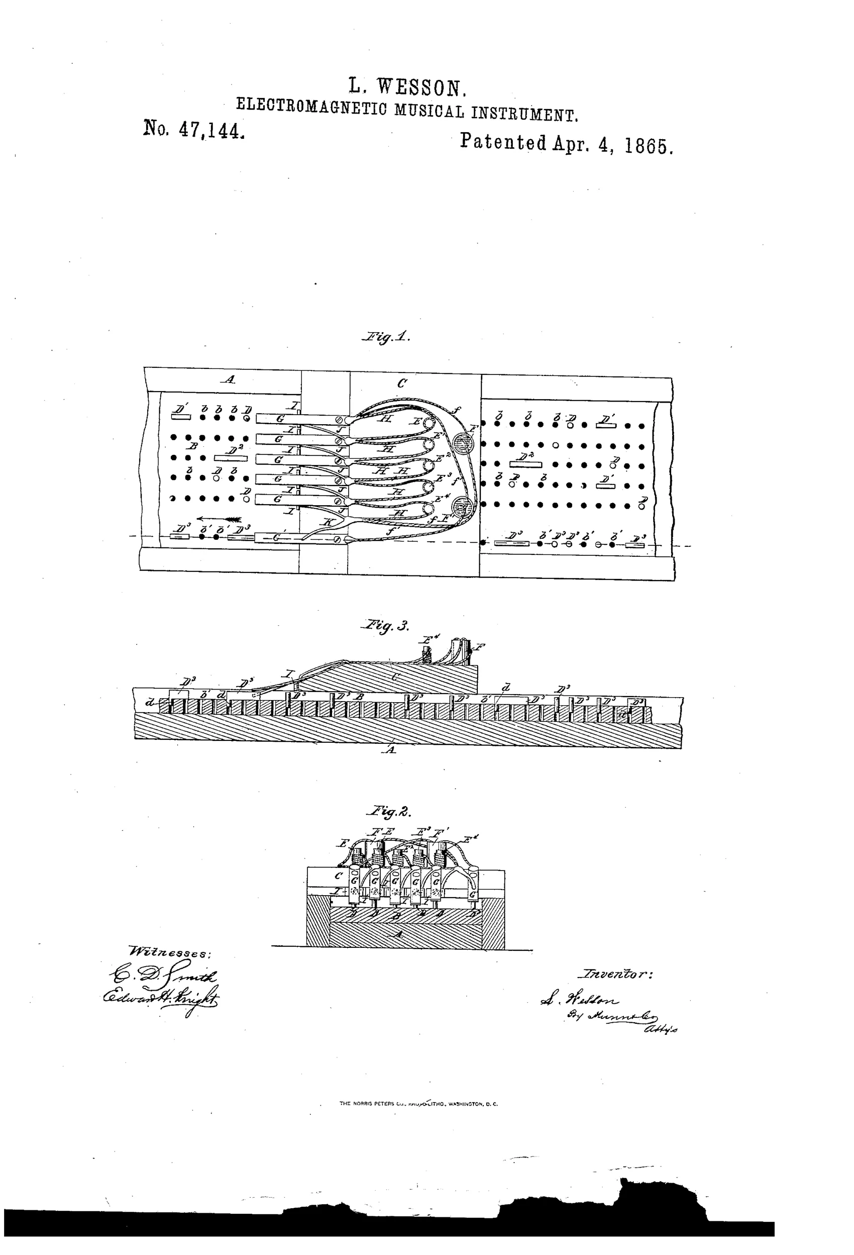 Patent drawing showing a rectangular music-board with rows of holes and movable type sliding beneath a keyboard of curved elastic levers connected by wires to electromagnets, with a side sectional view showing the type pins and lever mechanism.