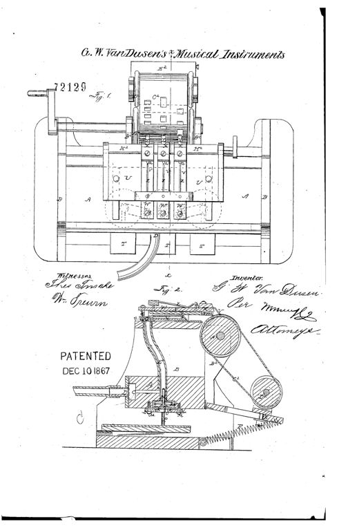 Mechanical drawing of a Victorian musical instrument mechanism showing a plan view of an air chest with rows of pivoted finger-levers, valves, and rails (Fig. 1), and below it a side sectional view (Fig. 2) showing a perforated paper strip looping around two drum rollers connected by a belt-driven pulley system, with a diaphragm chamber and key linkage.