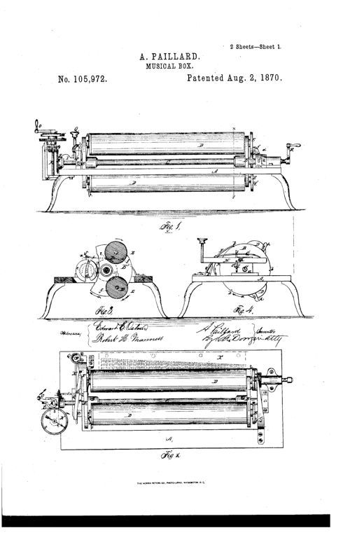 Technical patent drawing of a multi-cylinder music box mechanism, showing a rectangular frame supporting several parallel cylinders mounted between two disks, with gear wheels, a hand crank, and a numbered dial plate indicating which cylinder is in play.