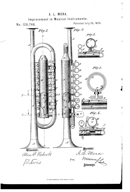 Patent drawing of a cornet showing a coiled brass tube with a stationary casing housing a perforated revolving barrel above rows of keys, valves, and springs, with enlarged mechanical details of the ratchet, pawl, and stop-pin assembly in side figures.