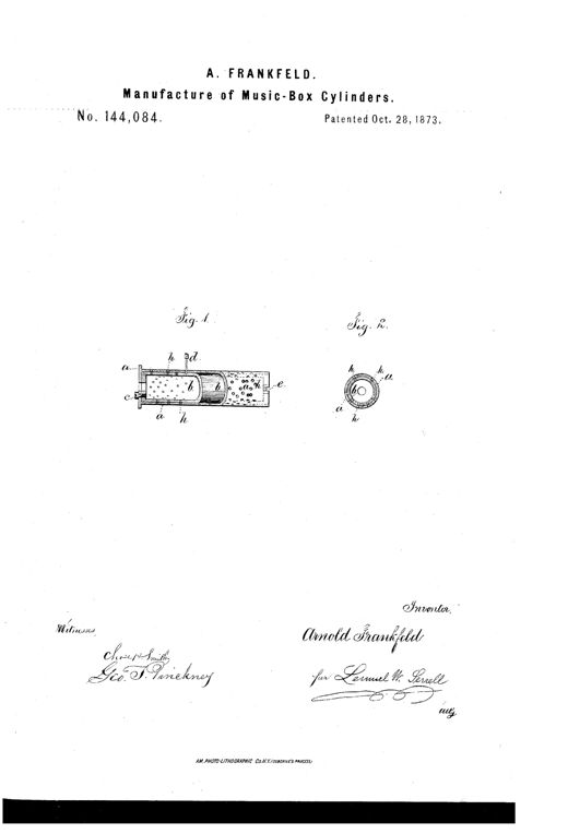 Two technical line drawings show a long cylindrical pattern-and-music cylinder assembly in cross-section (Fig. 1) with labeled holes and a boring tool, and a circular end-view cross-section (Fig. 2) revealing the nested pattern cylinder and inner music cylinder with aligned holes.