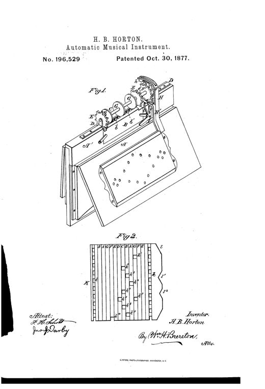 Patent drawing of an accordion-like automatic musical instrument showing a folding bellows chamber with a reed-board, a series of gears and ratchet wheels on a shaft, and below it a separate diagram of a long perforated valve-sheet strip marked with note letters and numbered apertures.