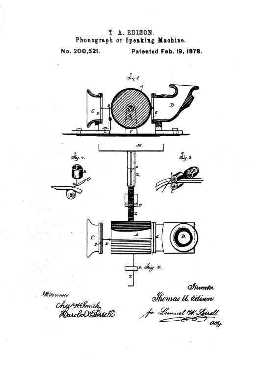 Patent drawing of Edison's tinfoil phonograph showing a grooved cylinder flanked by two diaphragm assemblies with speaking tubes, connected via a threaded shaft and clockwork mechanism labeled with letters A through X.