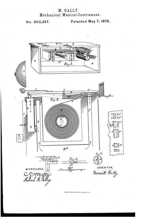 Patent drawing showing the open wooden case of a mechanical musical instrument with paper-roll mechanism, geared rollers, and a sectional diagram of the pneumatic key and duct system with a large paper roll H.