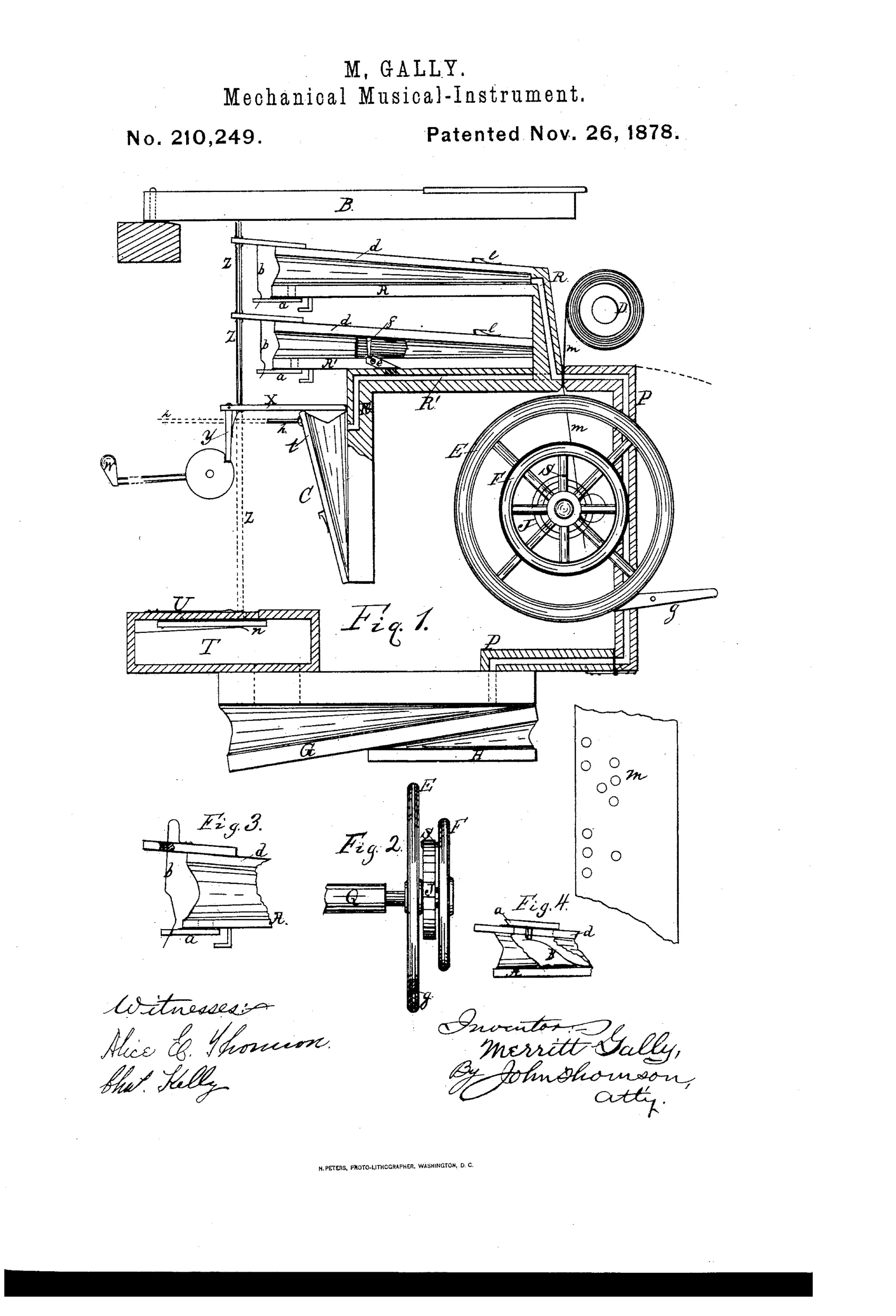 Technical patent drawing showing a complex pneumatic player-piano mechanism with labeled keys, ducts, a large flywheel, crank handle, and perforated music-sheet chamber, alongside smaller detail figures of valve components.