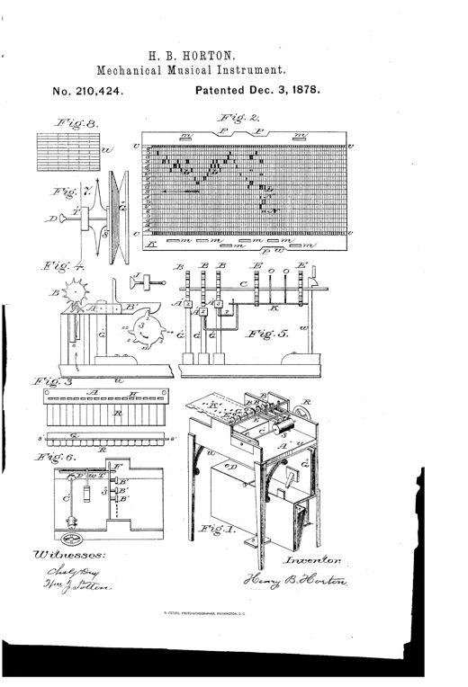 Exploded patent drawing of a cabinet-style reed organ labeled 'autophone,' showing a perforated paper valve-sheet feeding over rows of metal reed pipes, driven by a foot pedal, balance-wheel, and hand crank visible on the wooden case.