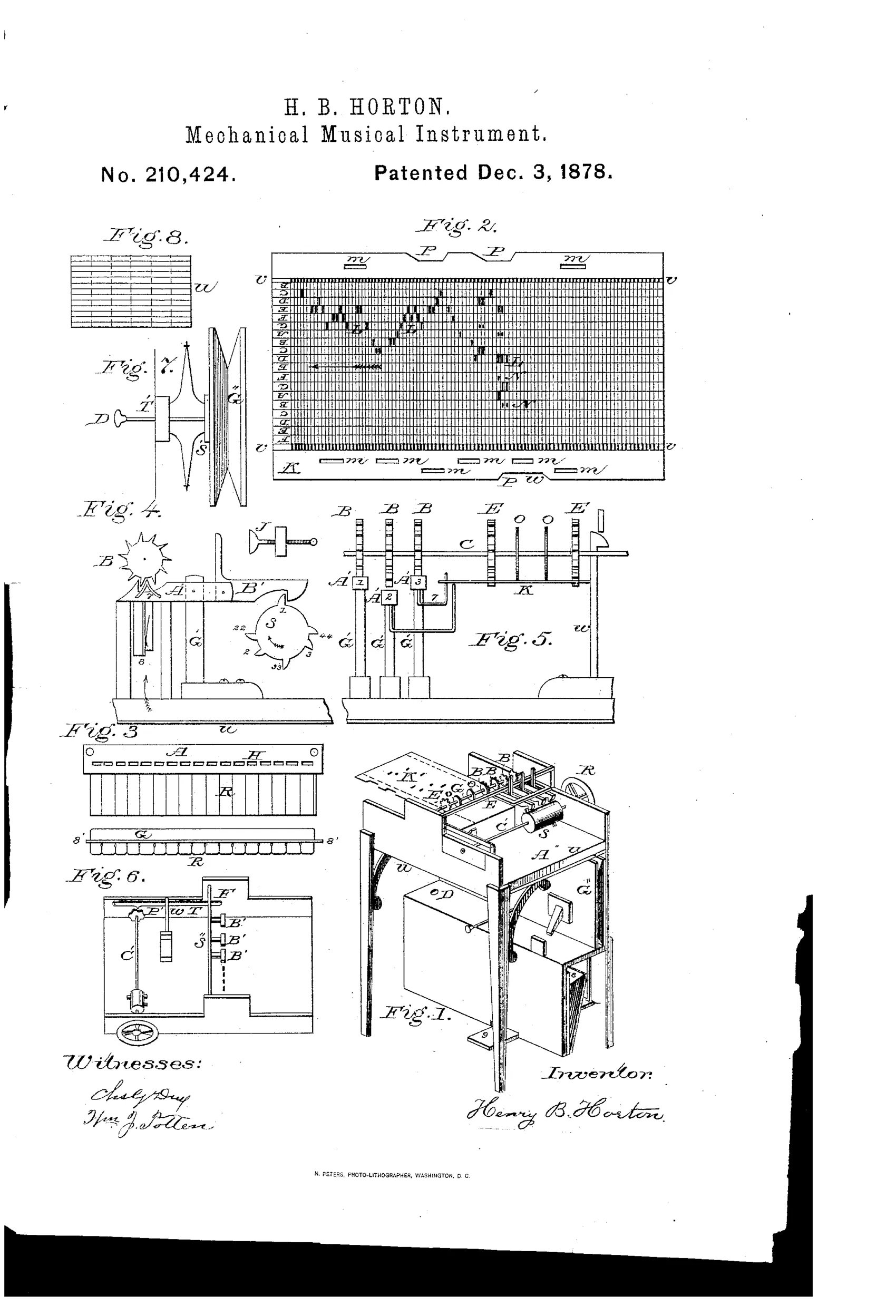 Exploded patent drawing of a cabinet-style reed organ labeled 'autophone,' showing a perforated paper valve-sheet feeding over rows of metal reed pipes, driven by a foot pedal, balance-wheel, and hand crank visible on the wooden case.