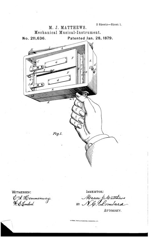 Patent drawing of a hand-held cylindrical music-making device labeled 'phuniphone,' shown gripped by a hand at a wooden handle, with internal bellows, reed plates, and paper rolls visible through the open casing.
