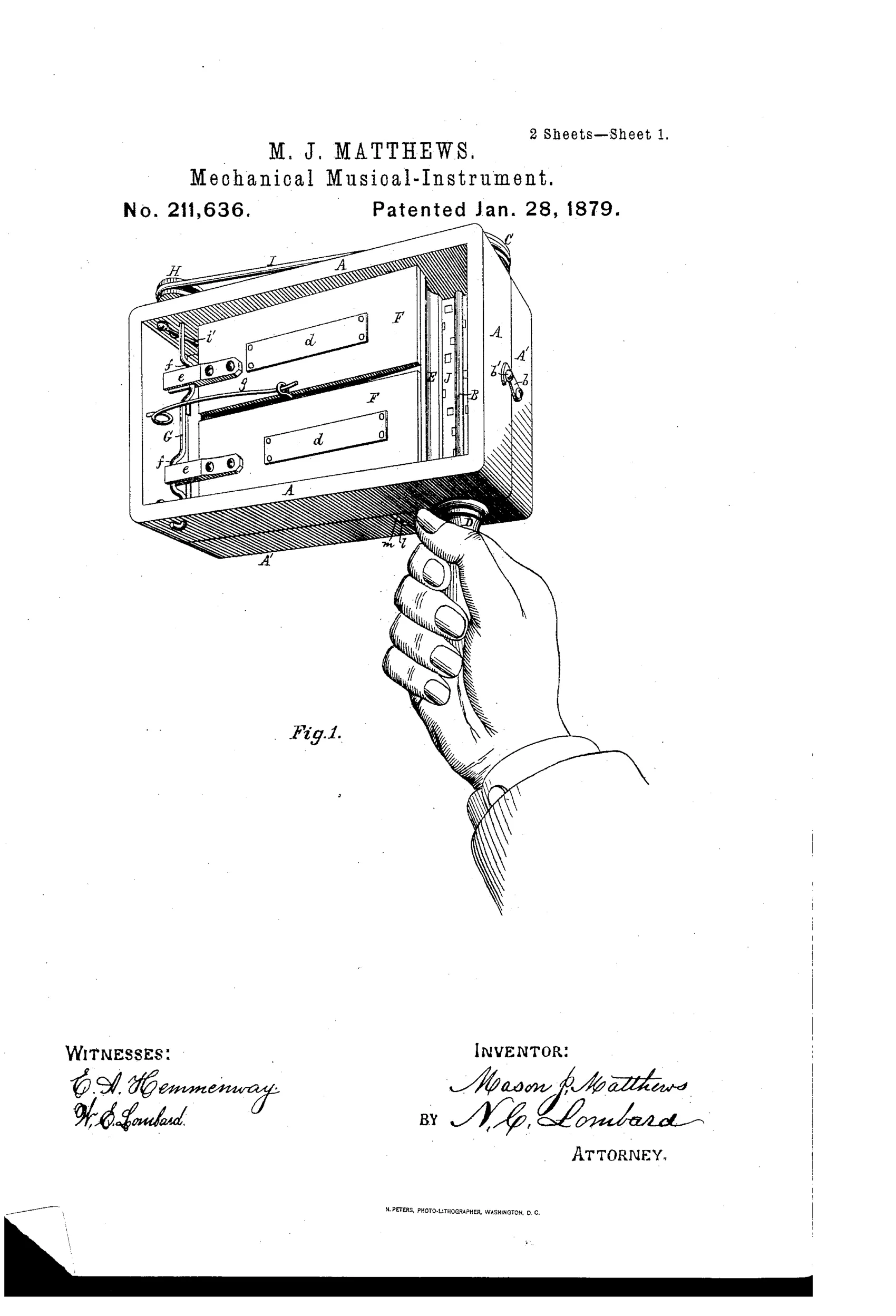 Patent drawing of a hand-held cylindrical music-making device labeled 'phuniphone,' shown gripped by a hand at a wooden handle, with internal bellows, reed plates, and paper rolls visible through the open casing.