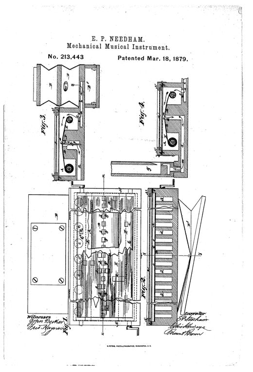 Patent drawing showing four figures of a mechanical reed and pipe organ mechanism, including a wind-chest with a perforated paper roll traveling over an action-board with air passages leading to reeds and pipes, plus a plan view of the roll compartment with hinged lid and screws.