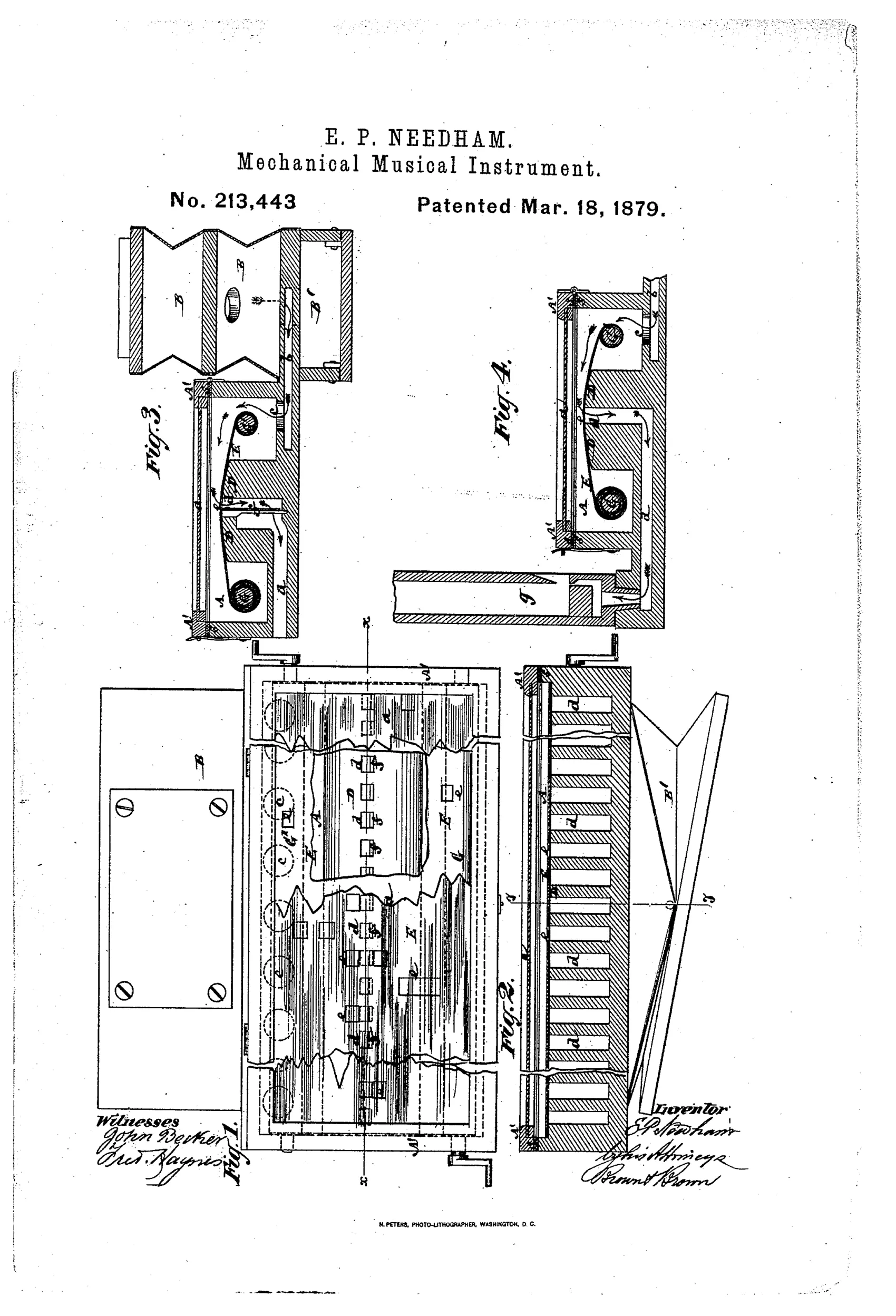 Patent drawing showing four figures of a mechanical reed and pipe organ mechanism, including a wind-chest with a perforated paper roll traveling over an action-board with air passages leading to reeds and pipes, plus a plan view of the roll compartment with hinged lid and screws.
