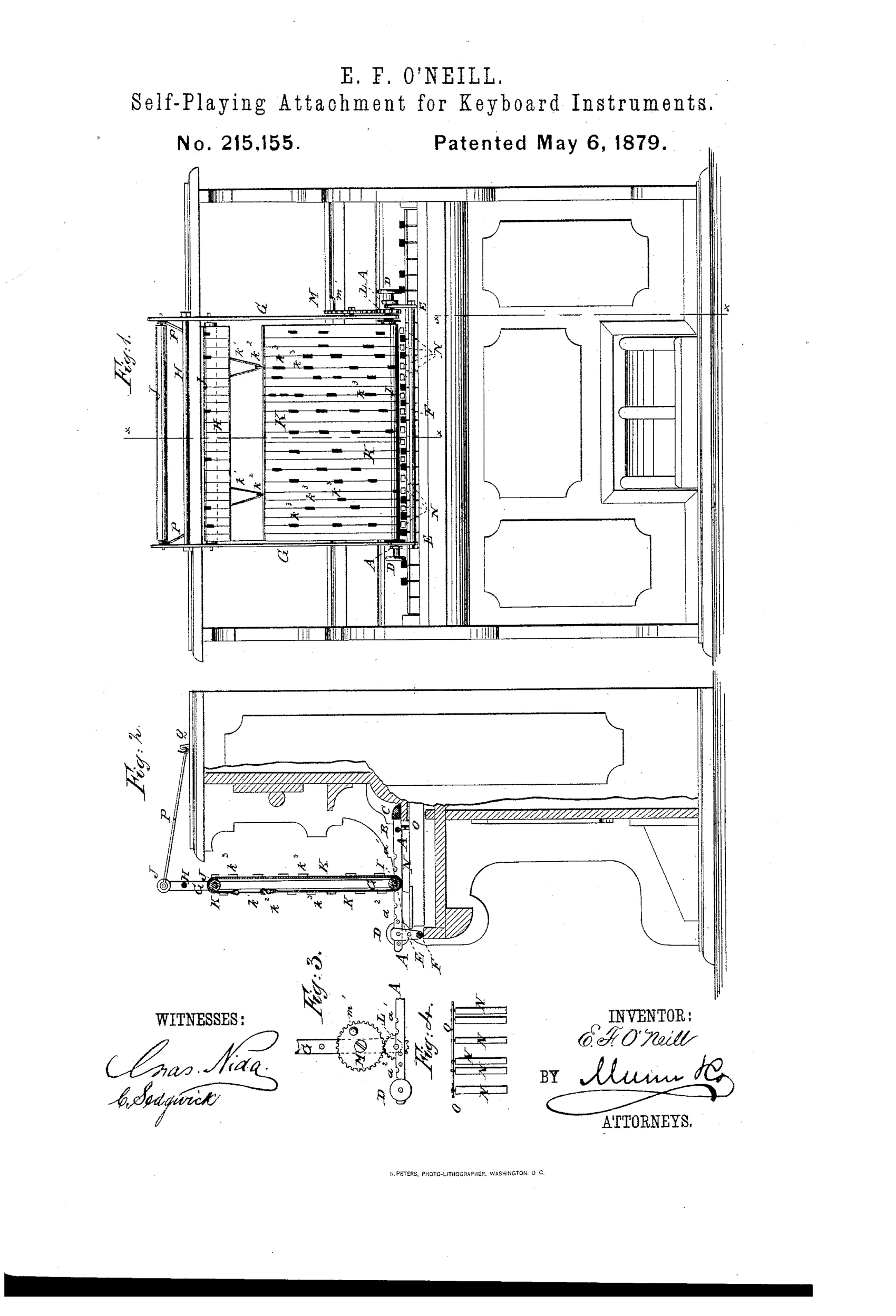 Patent drawing of an upright organ or piano with an overhead frame holding a paper music-chart between two rollers, gears, and rows of pivoted false keys positioned above the instrument's keyboard.