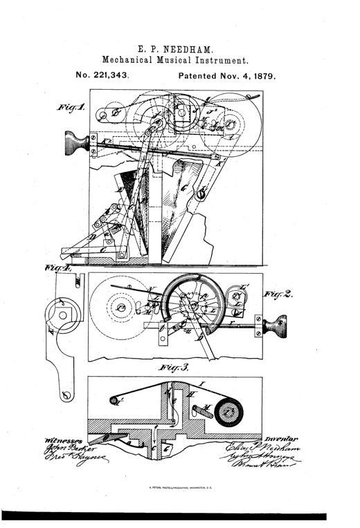Patent drawing showing a mechanical reed organ with a treadle-driven fly-wheel shaft, bellows and wind-chest, and a perforated paper music-sheet passing over an action board between a music-roller and take-up roller, with detailed side and sectional views of the internal gearing and pawl mechanism.