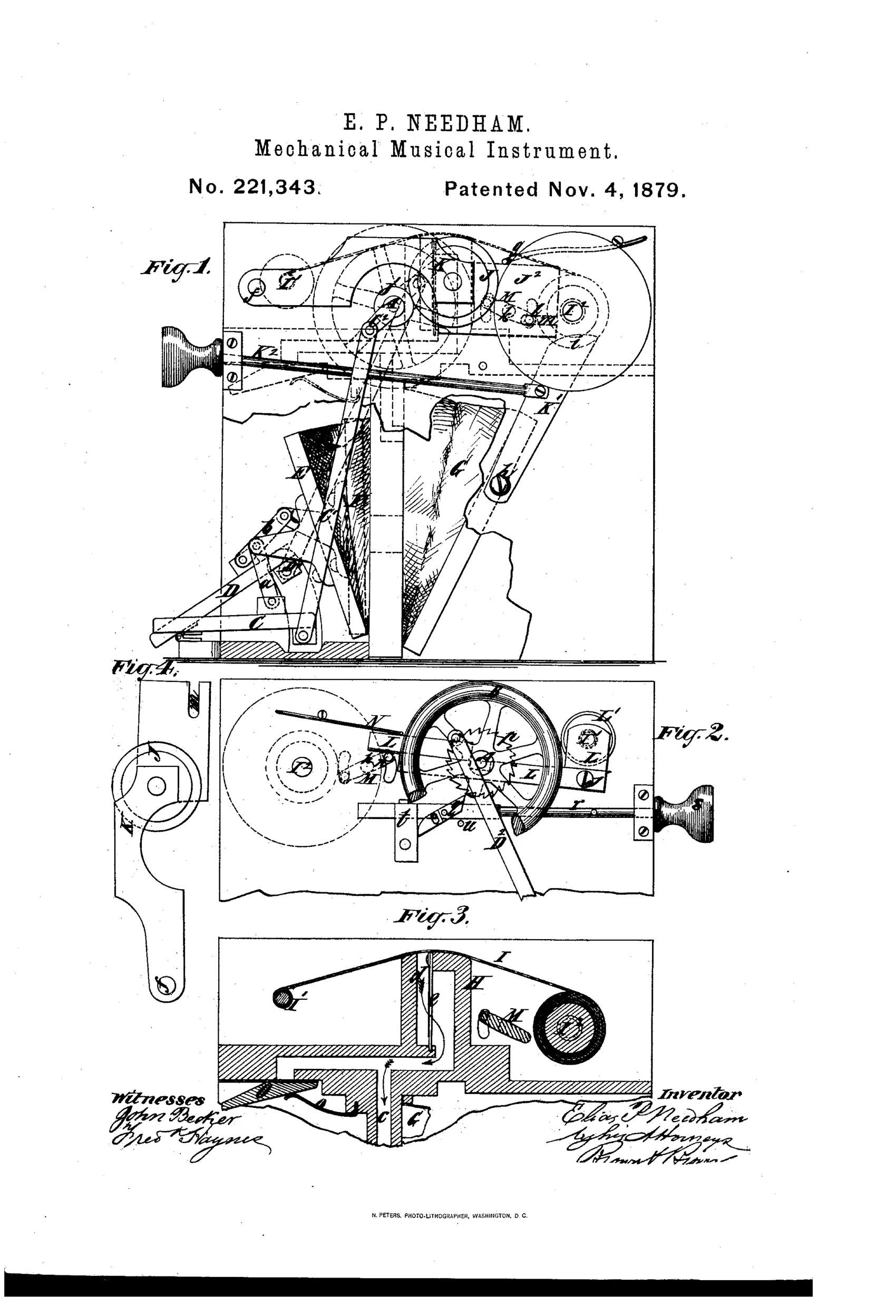 Patent drawing showing a mechanical reed organ with a treadle-driven fly-wheel shaft, bellows and wind-chest, and a perforated paper music-sheet passing over an action board between a music-roller and take-up roller, with detailed side and sectional views of the internal gearing and pawl mechanism.
