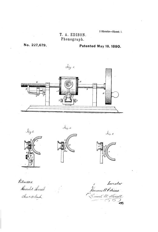 Patent drawing of an Edison tin-foil cylinder phonograph showing a horizontal grooved cylinder mounted on a threaded shaft, flanked by supporting frames, a large flywheel and hand crank at one end, with a diaphragm and recording point assembly suspended beneath the cylinder; smaller inset figures show close-up views of the diaphragm holder, point mechanism, and a flexible speaking tube with mouthpiece.