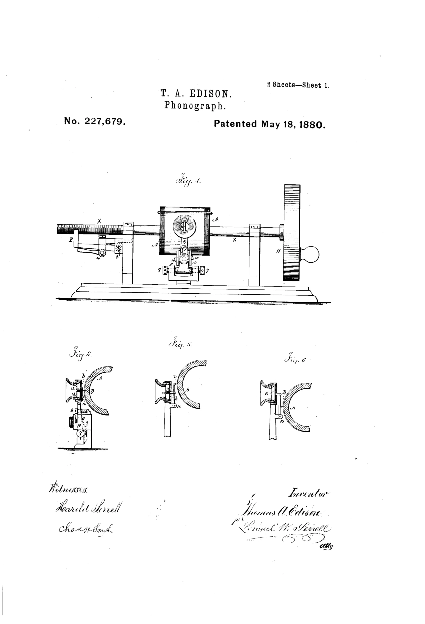 Patent drawing of an Edison tin-foil cylinder phonograph showing a horizontal grooved cylinder mounted on a threaded shaft, flanked by supporting frames, a large flywheel and hand crank at one end, with a diaphragm and recording point assembly suspended beneath the cylinder; smaller inset figures show close-up views of the diaphragm holder, point mechanism, and a flexible speaking tube with mouthpiece.