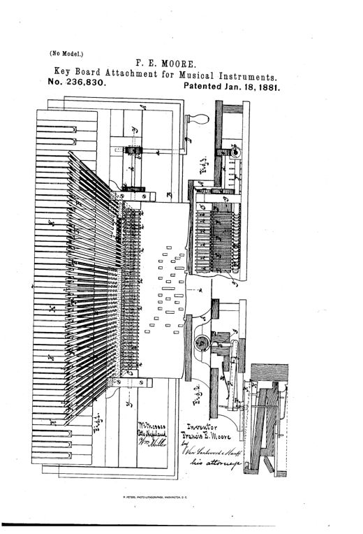 Patent drawing showing a piano keyboard with an attached mechanical case containing a hand-cranked grooved roller, sliding jacks, and hammer-levers positioned to strike the keys via a perforated music-sheet.