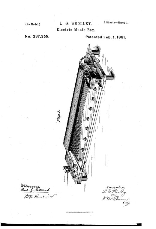 Patent drawing of an electric music box showing a pinned cylinder, comb, gear train, and a U-shaped magnet armature motor mounted at one end, with a detailed mechanical linkage for a stop lever and friction spring at the opposite end.