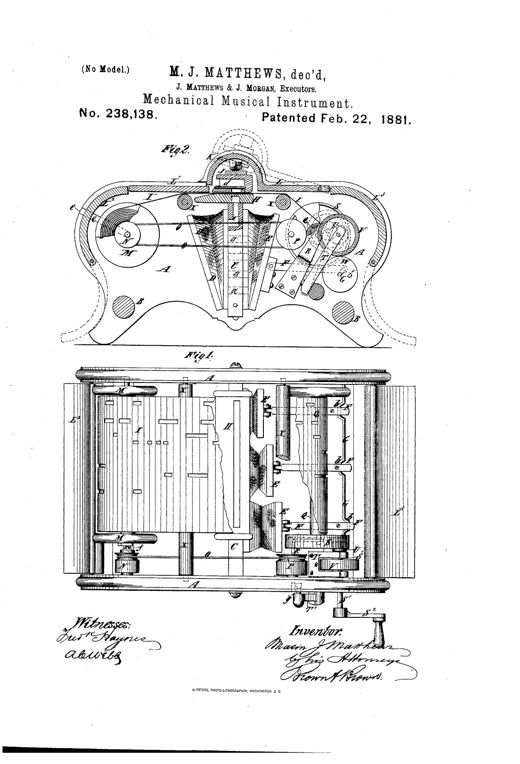 Patent drawing showing a plan view and cross-section of a mechanical reed organ with a perforated paper music-sheet running over rollers, a dome-shaped reed-board chamber, and bellows connected by cranks and pitmen.