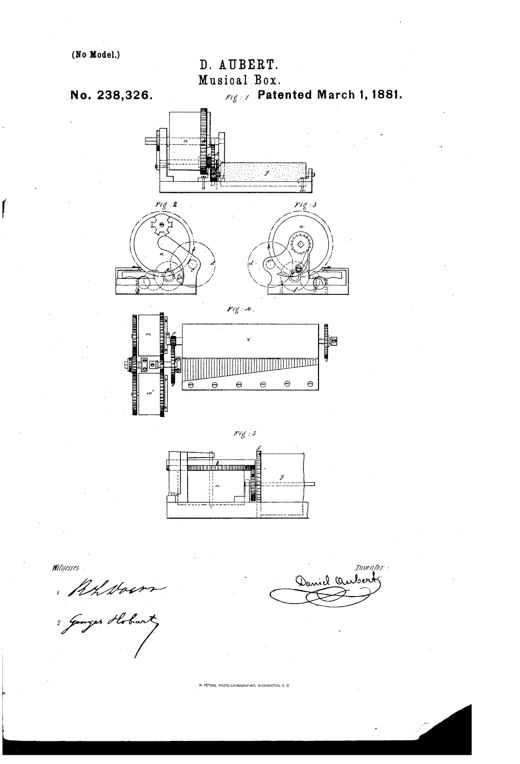 Technical patent drawing of a musical box mechanism showing a geared cylinder, barrel, and time-wheel assembly in five labeled figures, with a signature reading Daniel Aubert at the bottom.