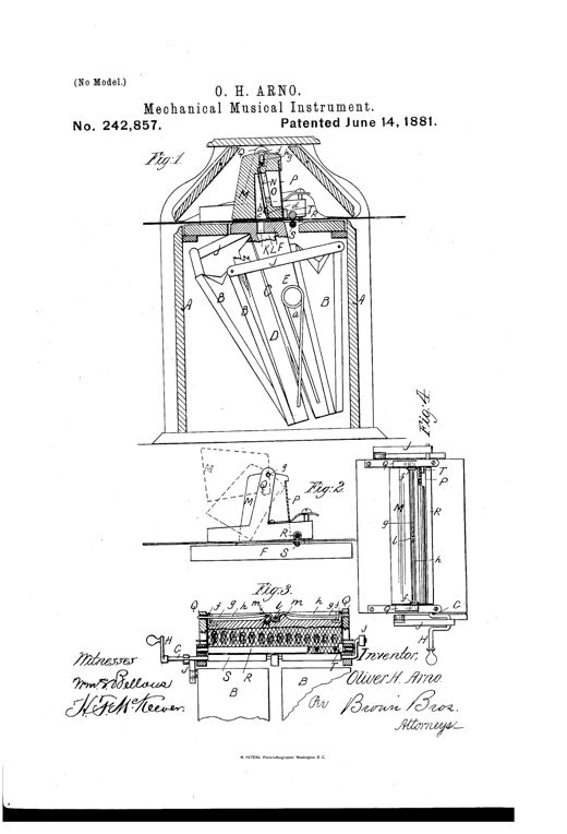 Patent drawing of a mechanical organ showing a cabinet with bellows, a hinged reed-block with air chambers, and feed rollers guiding a perforated paper strip.