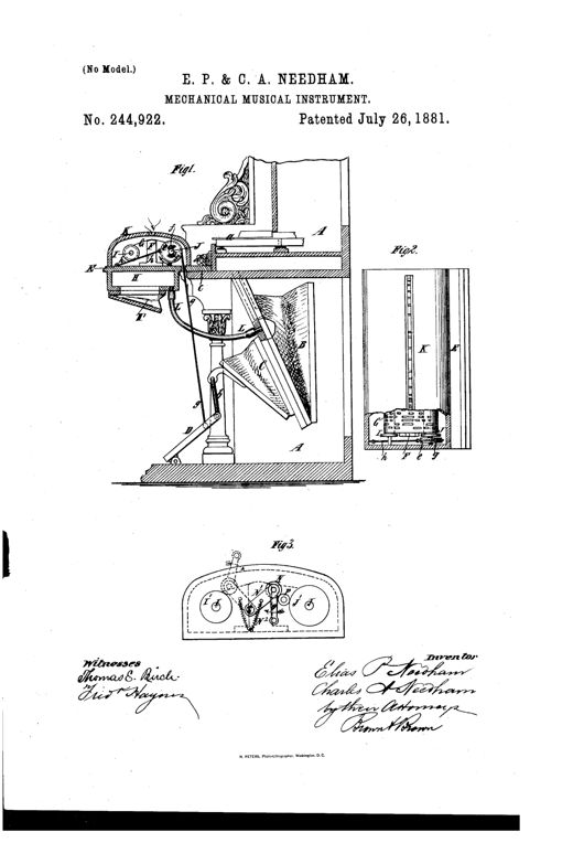 Patent drawing of a reed-organ attachment showing a side-sectioned organ case with an internal wind chest, bellows, and treadle, alongside a compact perforated-paper-roll mechanism with music roller, take-up roller, and gear-driven roller assembly mounted atop the keyboard.