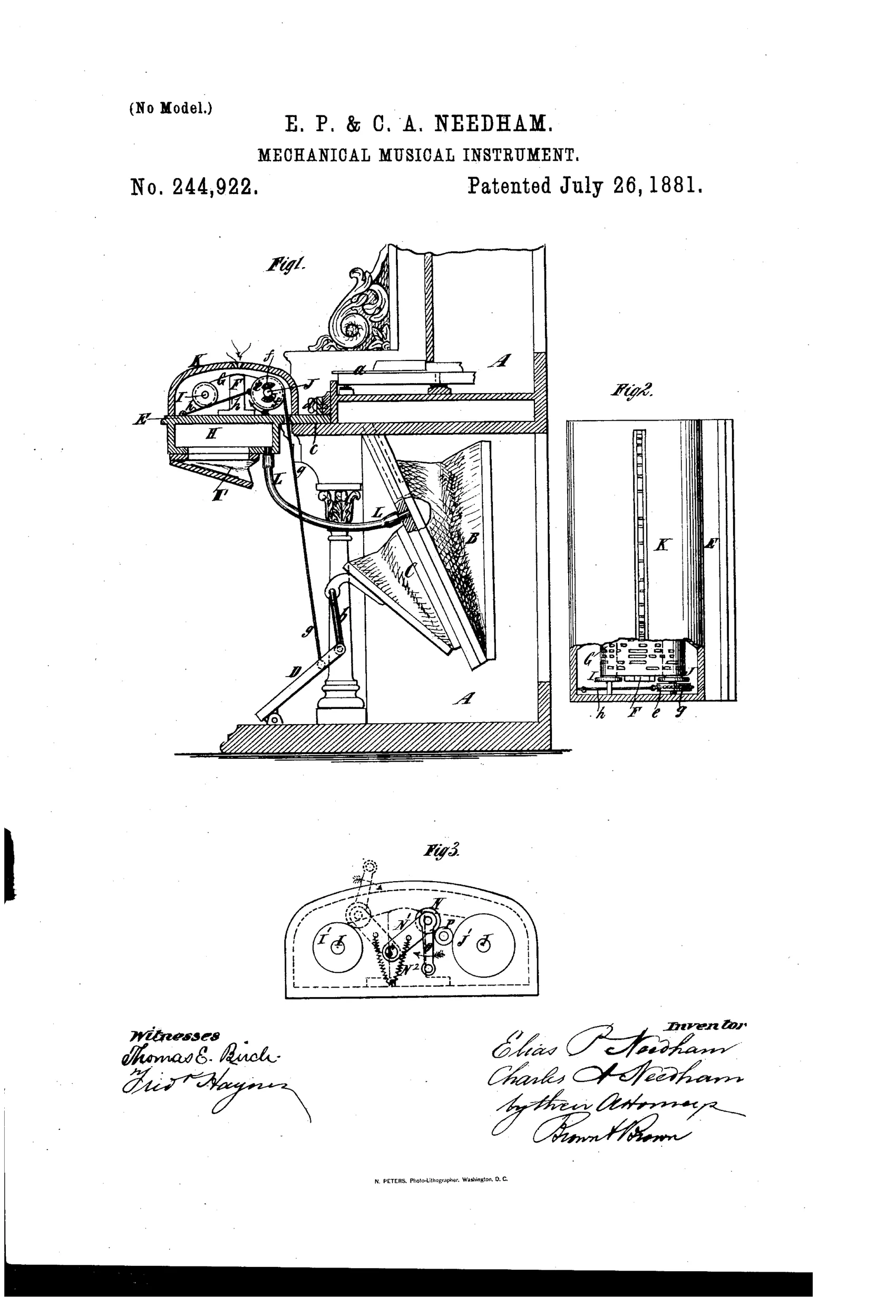 Patent drawing of a reed-organ attachment showing a side-sectioned organ case with an internal wind chest, bellows, and treadle, alongside a compact perforated-paper-roll mechanism with music roller, take-up roller, and gear-driven roller assembly mounted atop the keyboard.
