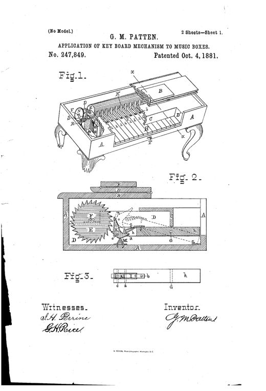 A cutaway perspective drawing of a small piano-shaped case showing a row of keys, a ratcheted roller, gears, and a music-box mechanism housed inside on curved cabriole legs.