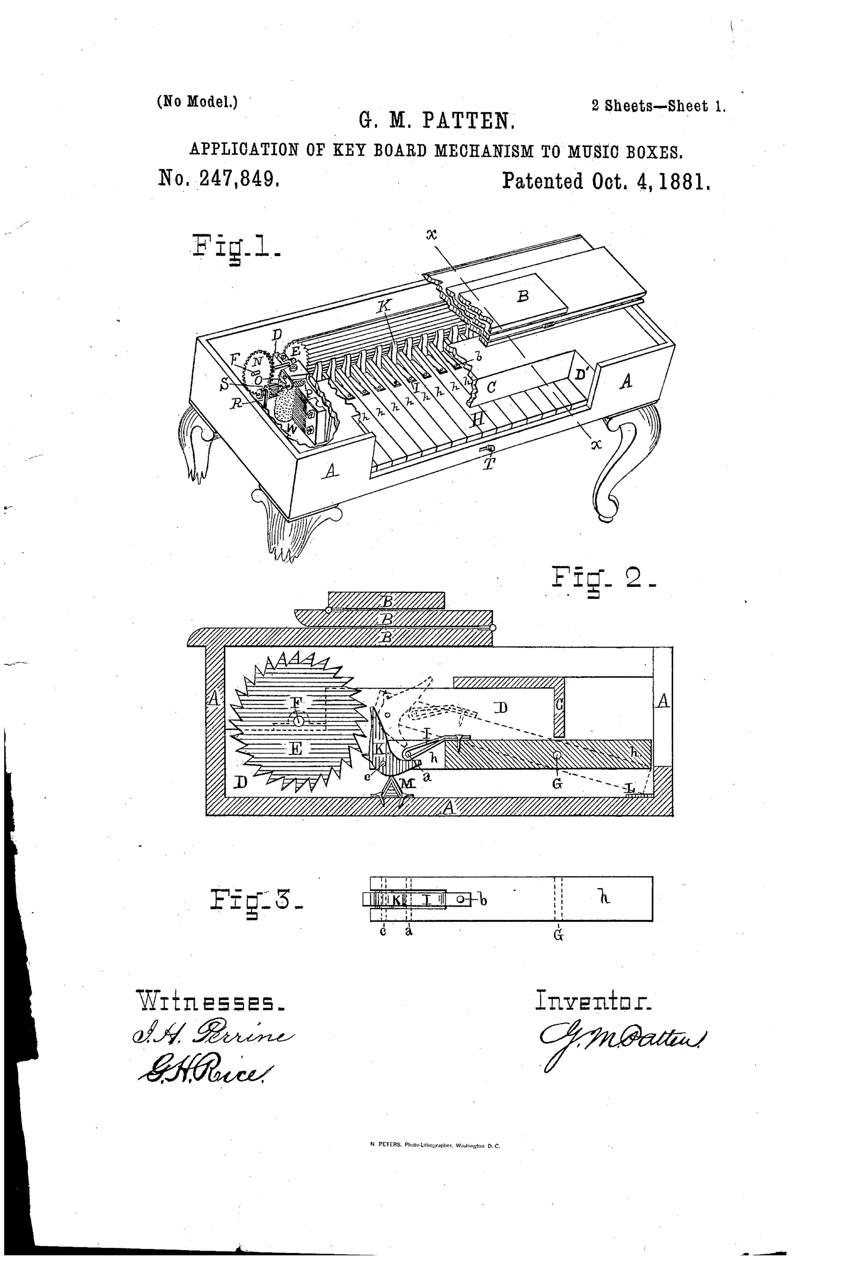 A cutaway perspective drawing of a small piano-shaped case showing a row of keys, a ratcheted roller, gears, and a music-box mechanism housed inside on curved cabriole legs.