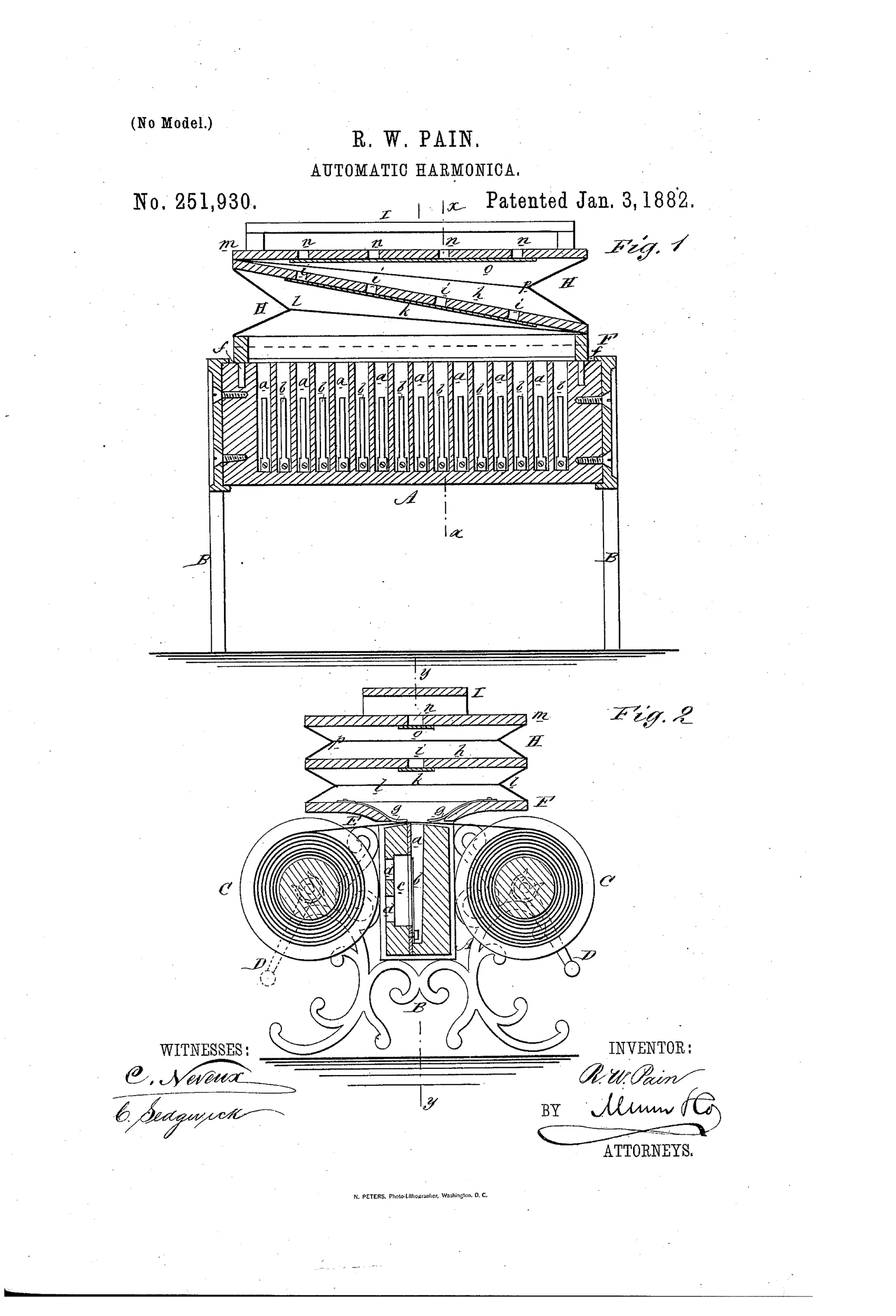 Patent drawing of an automatic harmonica showing a reed-plate instrument mounted on legs, topped by a layered bellows and diaphragm assembly, with two side drums holding a perforated music sheet turned by crank handles.