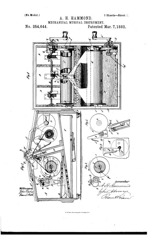 Patent drawing of a cased mechanical reed organ showing an inclined reed-board, wind-chest, bellows arrangement, and paper music-roll transport mechanism with take-up roller and hand cranks, alongside detail views of the cover slats and roller construction.