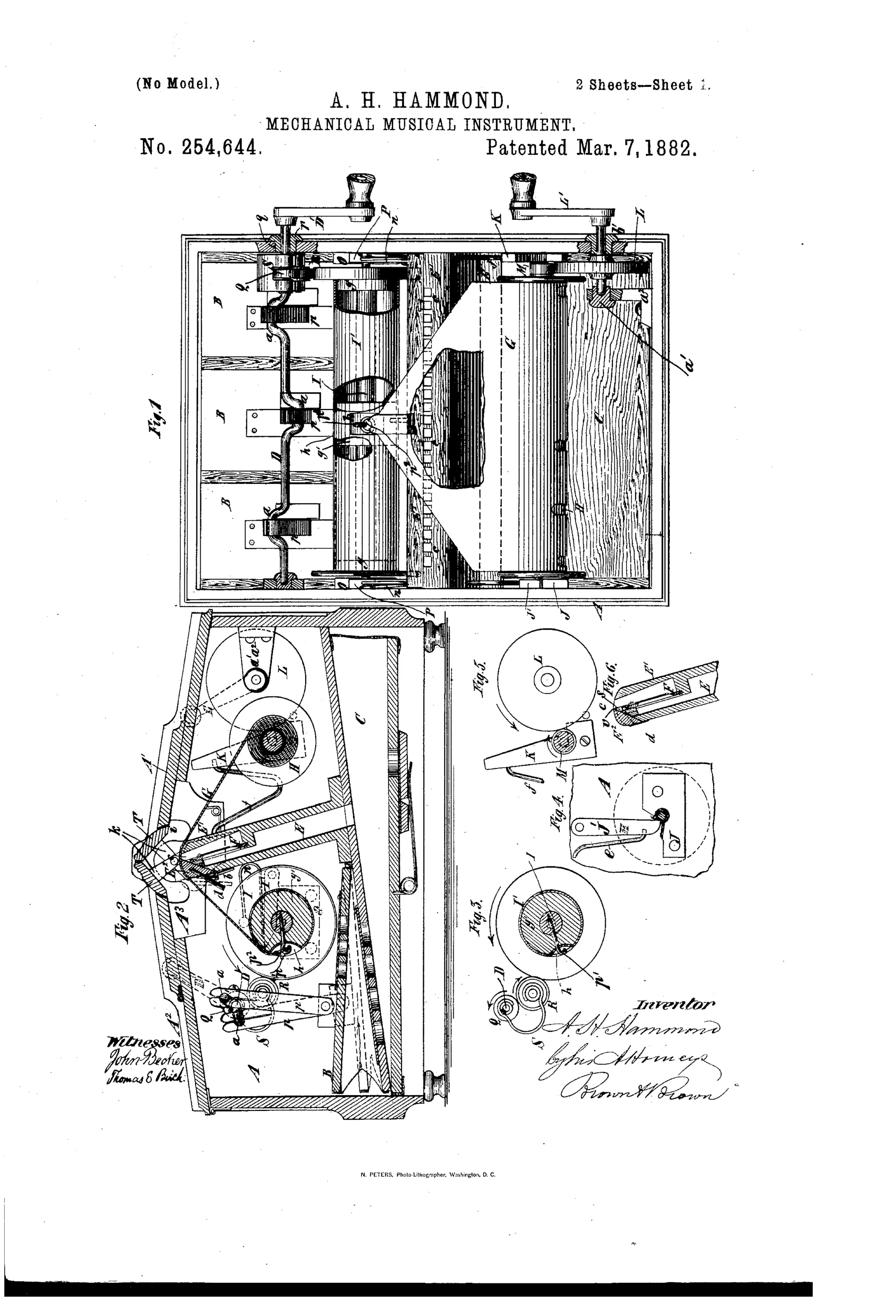 Patent drawing of a cased mechanical reed organ showing an inclined reed-board, wind-chest, bellows arrangement, and paper music-roll transport mechanism with take-up roller and hand cranks, alongside detail views of the cover slats and roller construction.