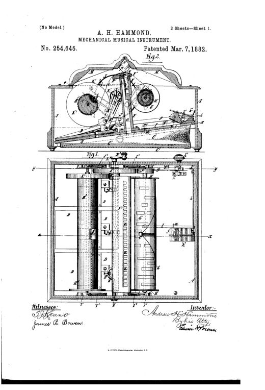 Patent drawing of a cabinet-style mechanical reed organ showing internal rollers, a driving shaft with crank, bellows, and a wind-chest with valve mechanisms in cross-section and plan views.