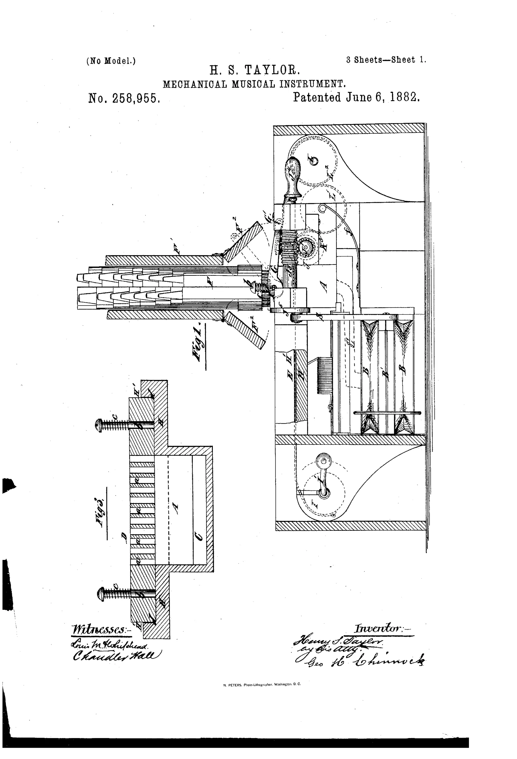 Patent drawing showing a cutaway mechanical musical instrument with a bellows, wind-chest, perforated music sheet feeding between rollers, and rows of organ pipes mounted above a movable sound-board.
