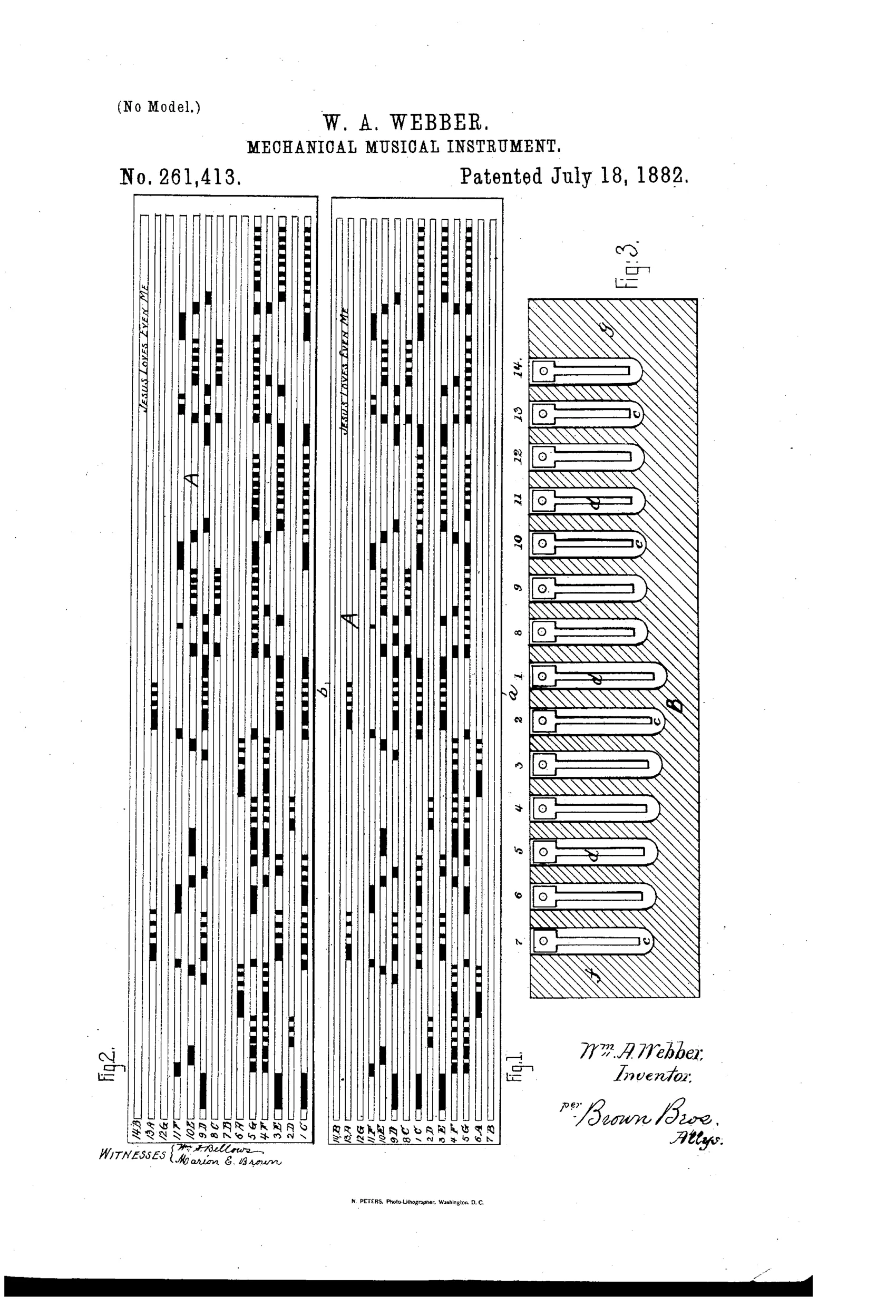 Patent drawing showing two long perforated paper music sheets with numbered rows of rectangular holes labeled 1 through 14 and a section view of a reed-board with a row of U-shaped reed chambers and reeds labeled c, d, f, and g.