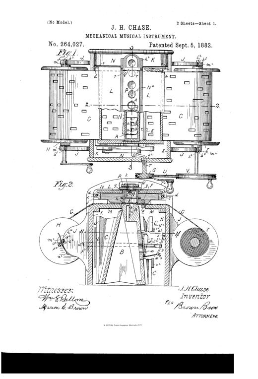 Patent drawing of an orguinette-style mechanical musical instrument showing the cabinet with music roller, take-up roller, reed-board with individual reed chambers, a detachable swell-box with slide-board and tremulant valve resting on the perforated music strip, and bellows with exhaust valves beneath.