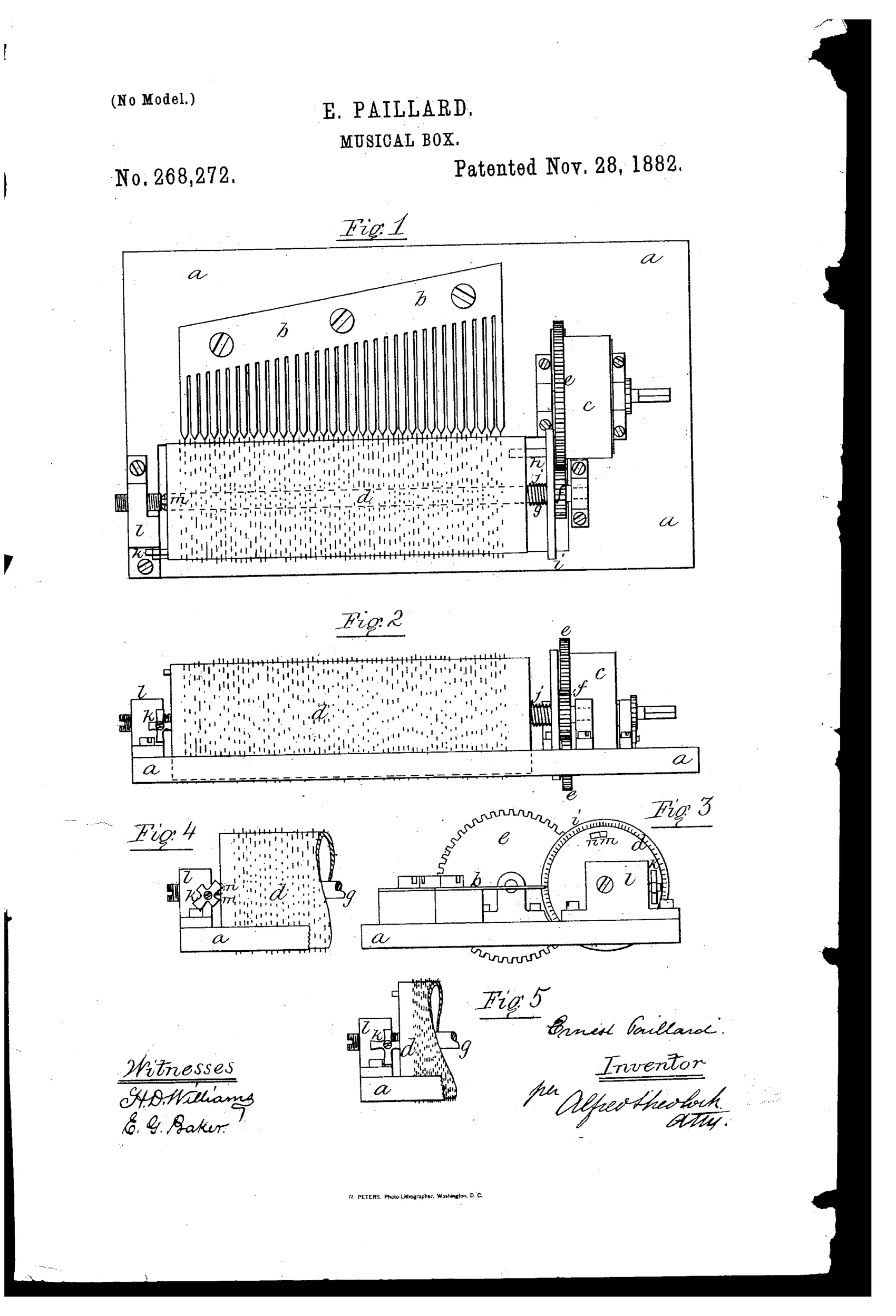 Patent drawing of a cylinder musical box mechanism showing the pin-studded barrel, comb of tuned teeth, spring motor gearing, and a variable-toothed cog-plate tune-changer mounted on the end bearing block.