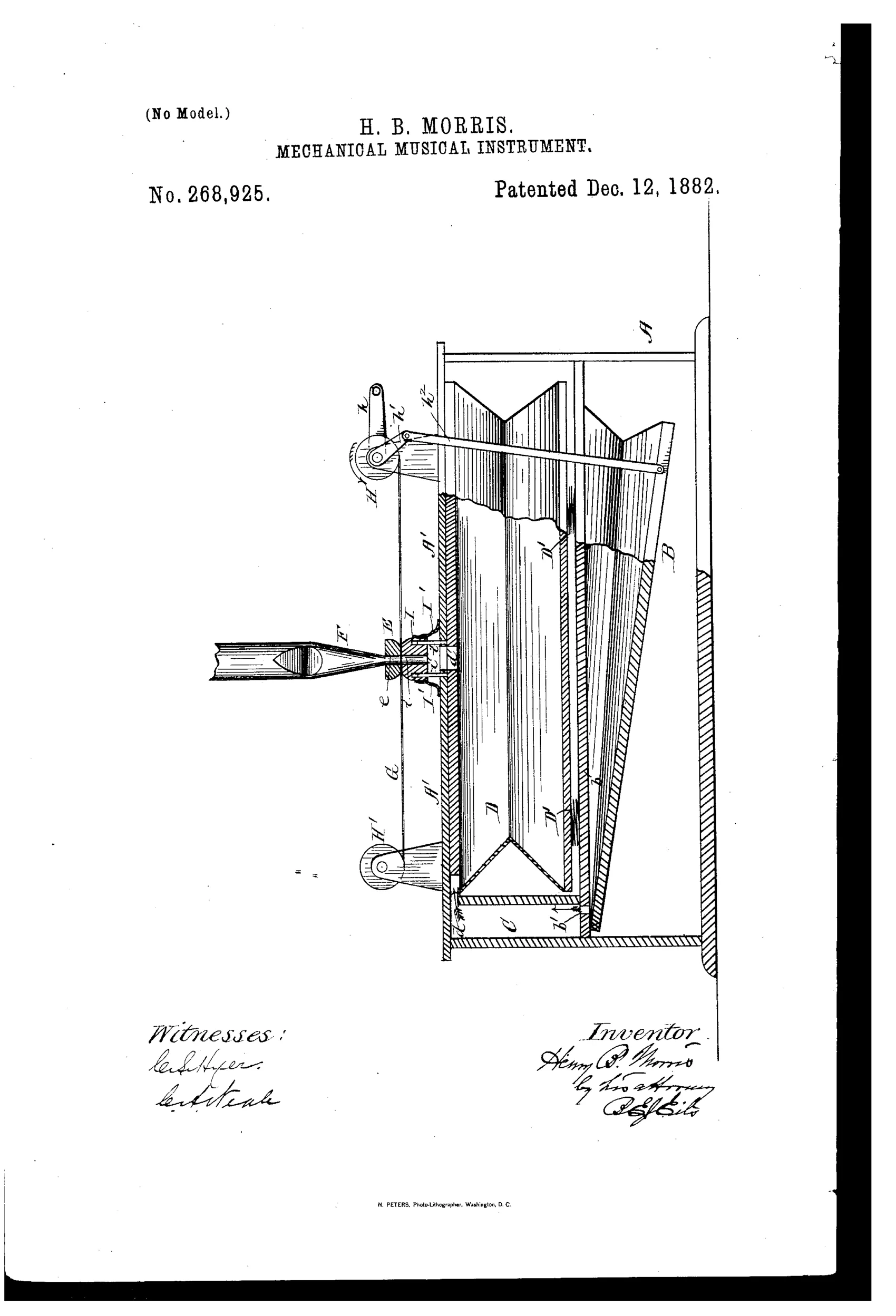 A side-elevation patent drawing showing the internal mechanism of an automatic reed organ, with a bellows, reservoir bellows, reed pipes arranged in a fan pattern, a wound paper valve-sheet running over two rollers, and a hand-crank mechanism at top left.