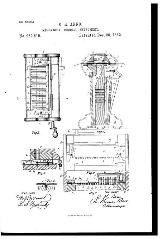 Patent drawing of a mechanical reed organ showing a vertical cross-section with bellows, reed-board, and paper-feed rollers, plus plan views of the perforated raceway and reed cells.
