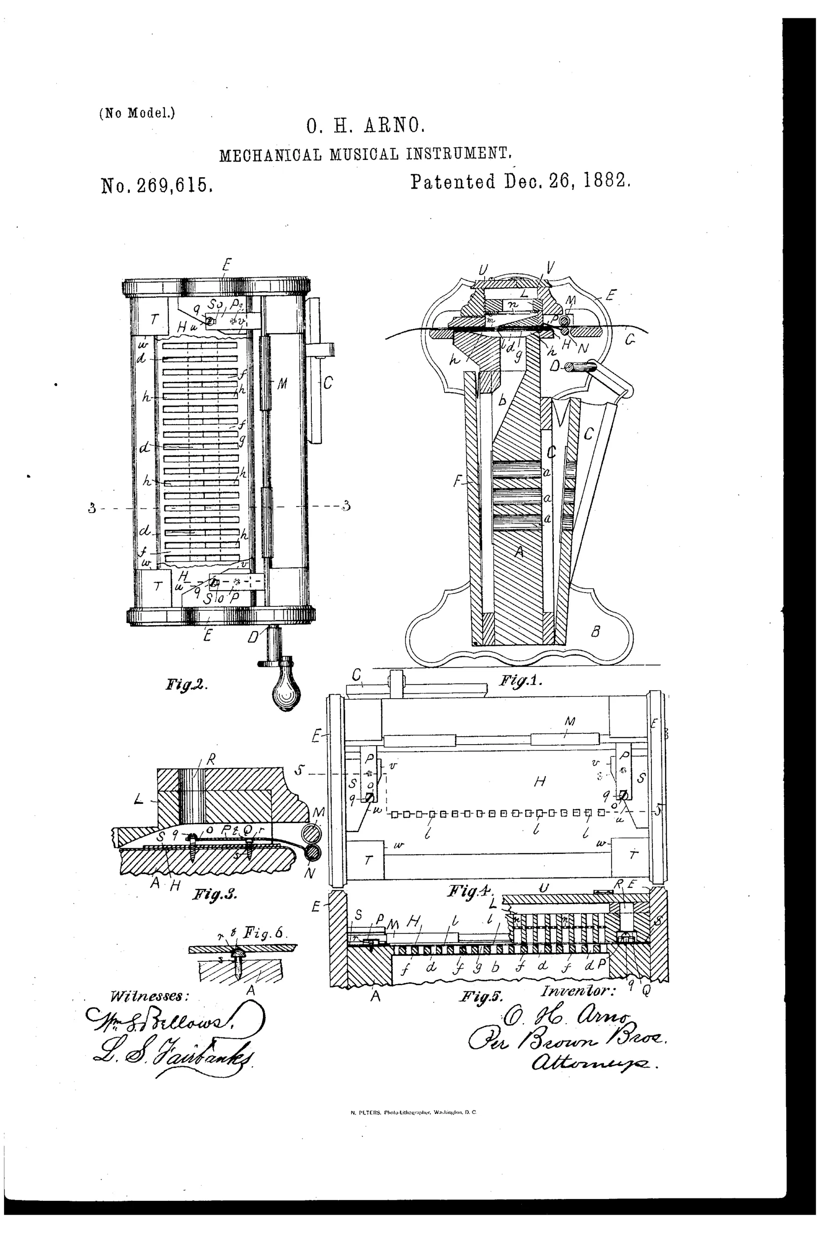 Patent drawing of a mechanical reed organ showing a vertical cross-section with bellows, reed-board, and paper-feed rollers, plus plan views of the perforated raceway and reed cells.