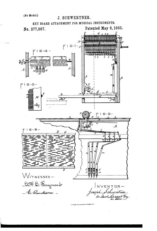 Technical patent drawing showing a boxed mechanism with a hand-cranked roller drawing a perforated paper sheet over rows of pivoted levers, connected via rods and elbow-levers to spring-loaded hammers that strike piano keys below.