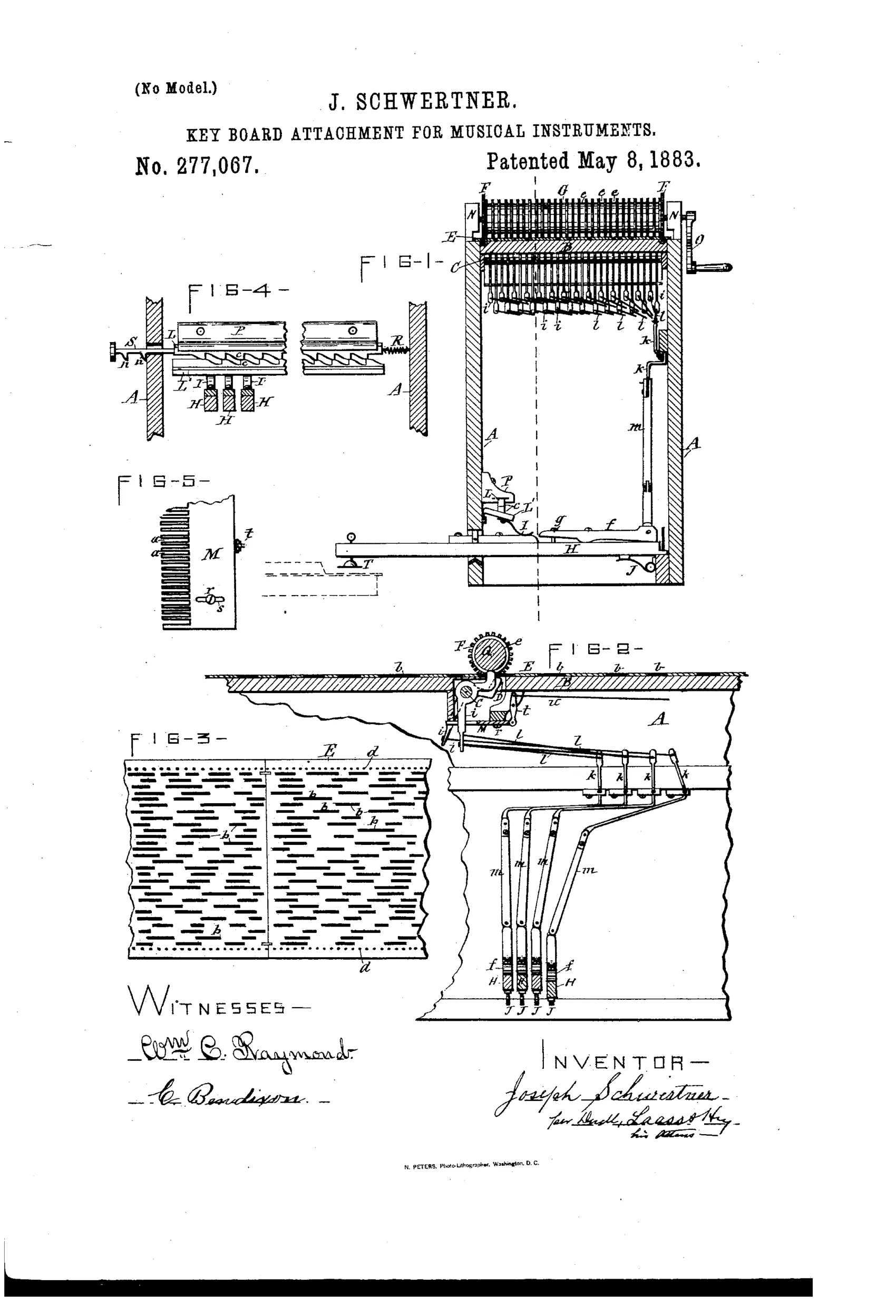 Technical patent drawing showing a boxed mechanism with a hand-cranked roller drawing a perforated paper sheet over rows of pivoted levers, connected via rods and elbow-levers to spring-loaded hammers that strike piano keys below.