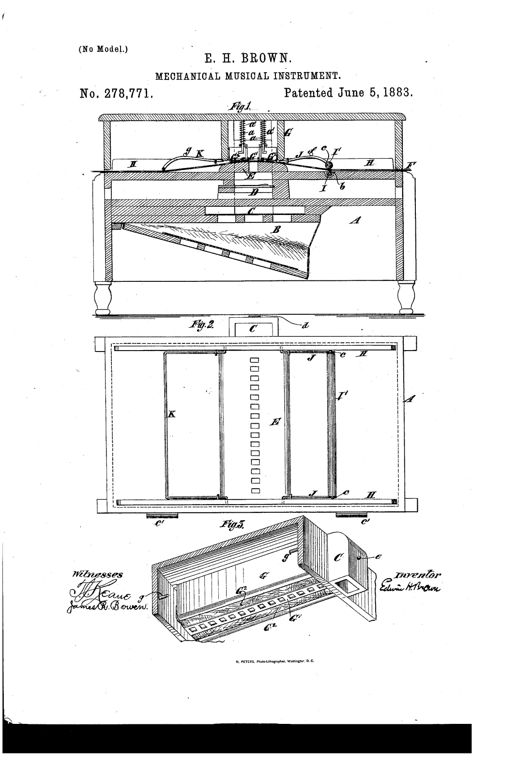 Patent drawing of a wooden cabinet mechanical musical instrument showing a cross-section with bellows, reed cells, feed rollers, and a hinged air-chamber above a perforated music sheet rest, plus a plan view and an exploded perspective view of the same components.