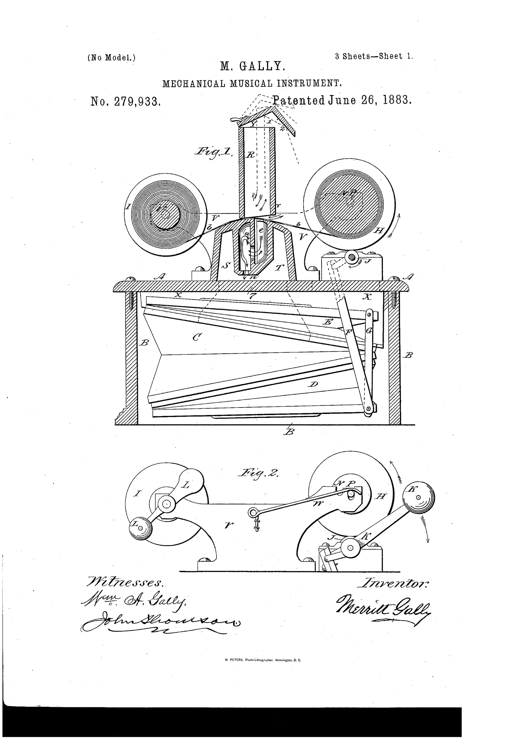 Patent drawing of a small mechanical reed organ showing paper roll music sheet, bellows, a comb of short organ pipes, and a hinged compound reflector above the reed chest.