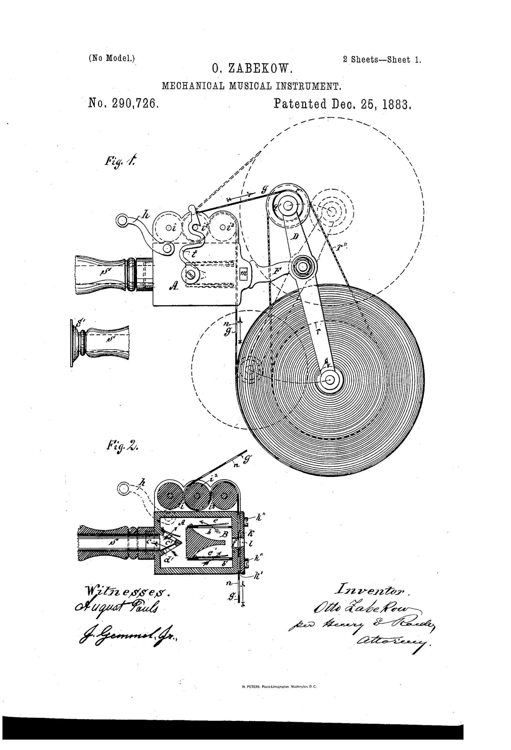 Patent drawing of a mechanical harmonica with a hand-crank, geared rollers feeding a perforated paper band across a row of reed cells, plus detail views of the connecting card ends and a large disc-shaped roller assembly.