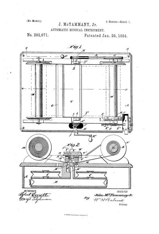 Patent drawing of a McTammany automatic musical instrument case showing two large paper reels (M and N) connected by a belt and pulley system, with a central reed-board, feed rolls, pressure roll, and hand-crank drive mechanism visible in plan and sectional views.
