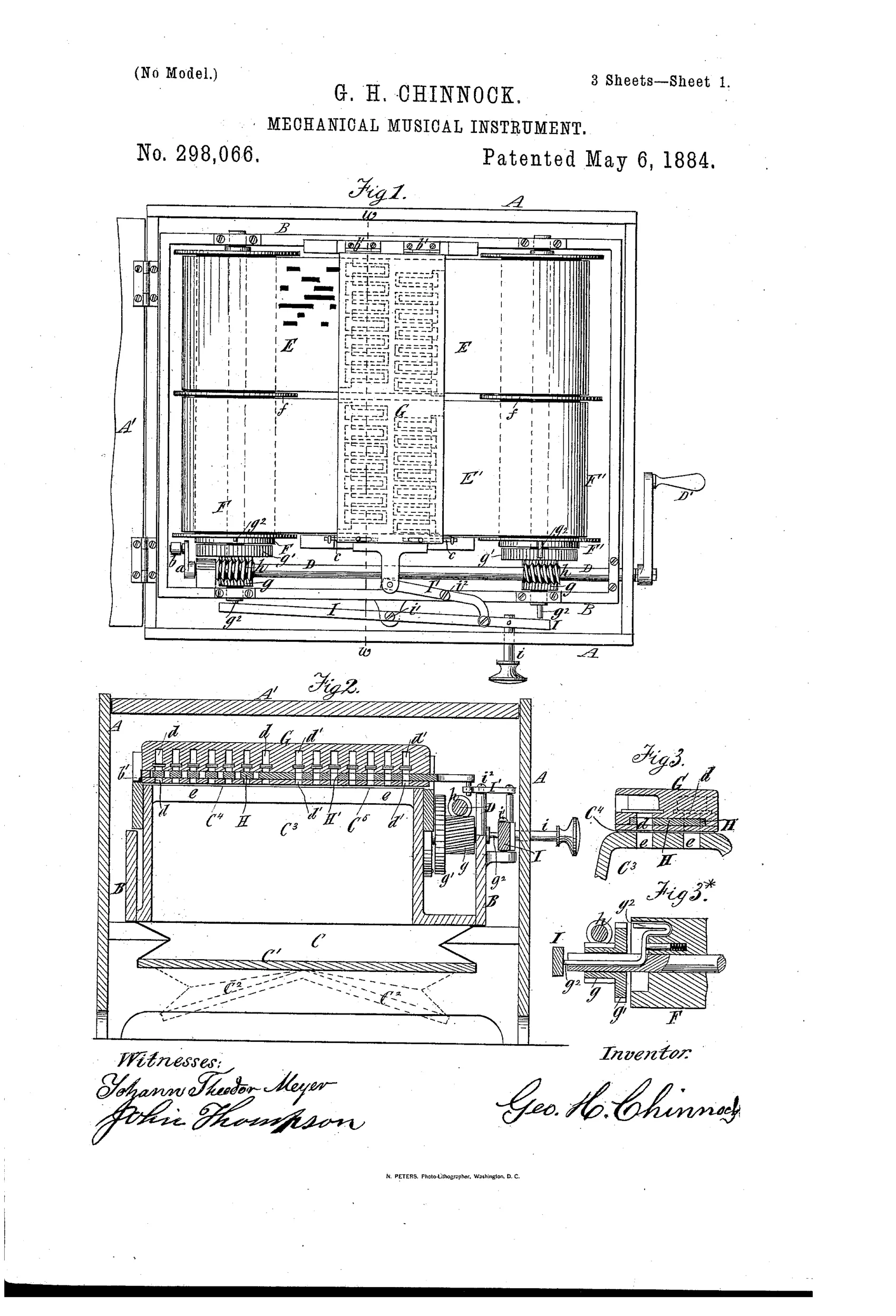 Patent drawing of a mechanical musical instrument case with two perforated paper music sheets wound on rollers on either side of a central reed-board, connected to a hand crank, gears, bellows, and reversing levers.