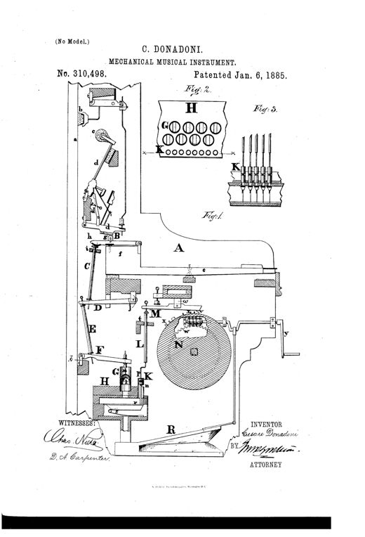 Patent drawing showing a piano's internal mechanism including key-levers, hammers, dampers, a large pin-barrel cylinder N with crank y, wind-chest H, small piston cylinders K, and connecting rods and levers labeled B through R, with inset figures 2 and 3 detailing the cylinder and piston arrangement.